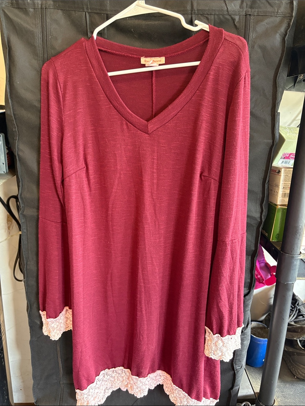 Women's V-Neck Long Sleeve Dress with Lace Trim - Burgundy